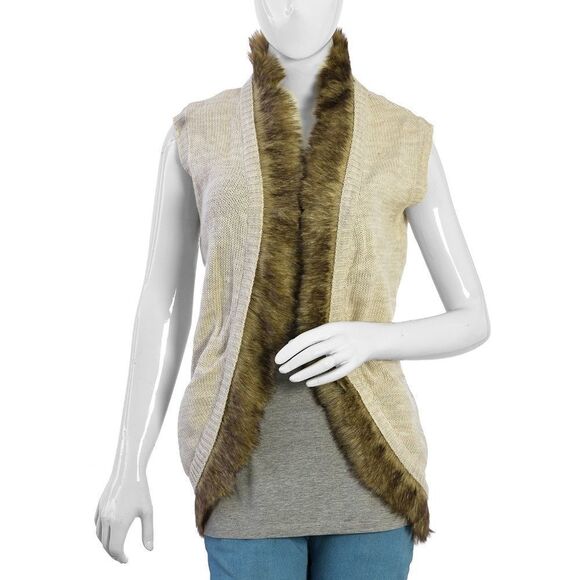 Cardigan Faux Fur Sleeveless Off White Large - Picture 3 of 5